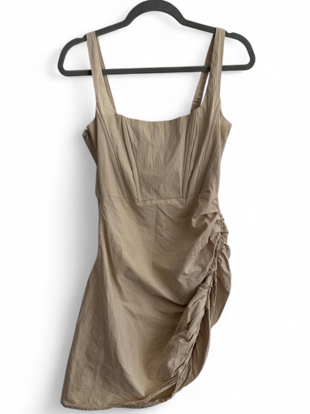 NWOT Isalis Ruched Square Neck Corset Boned Mini Dress Size M Cotton Tan Cream